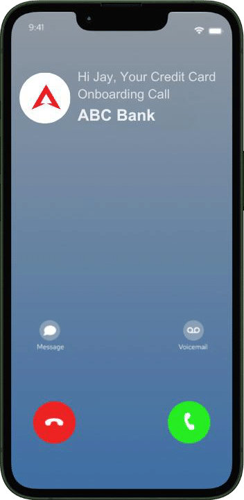 Incoming branded call from ABC Bank with logo and call reason