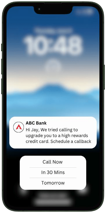 Missed-call notification from ABC Bank with Call Now, In 30 Mins and Tomorrow options