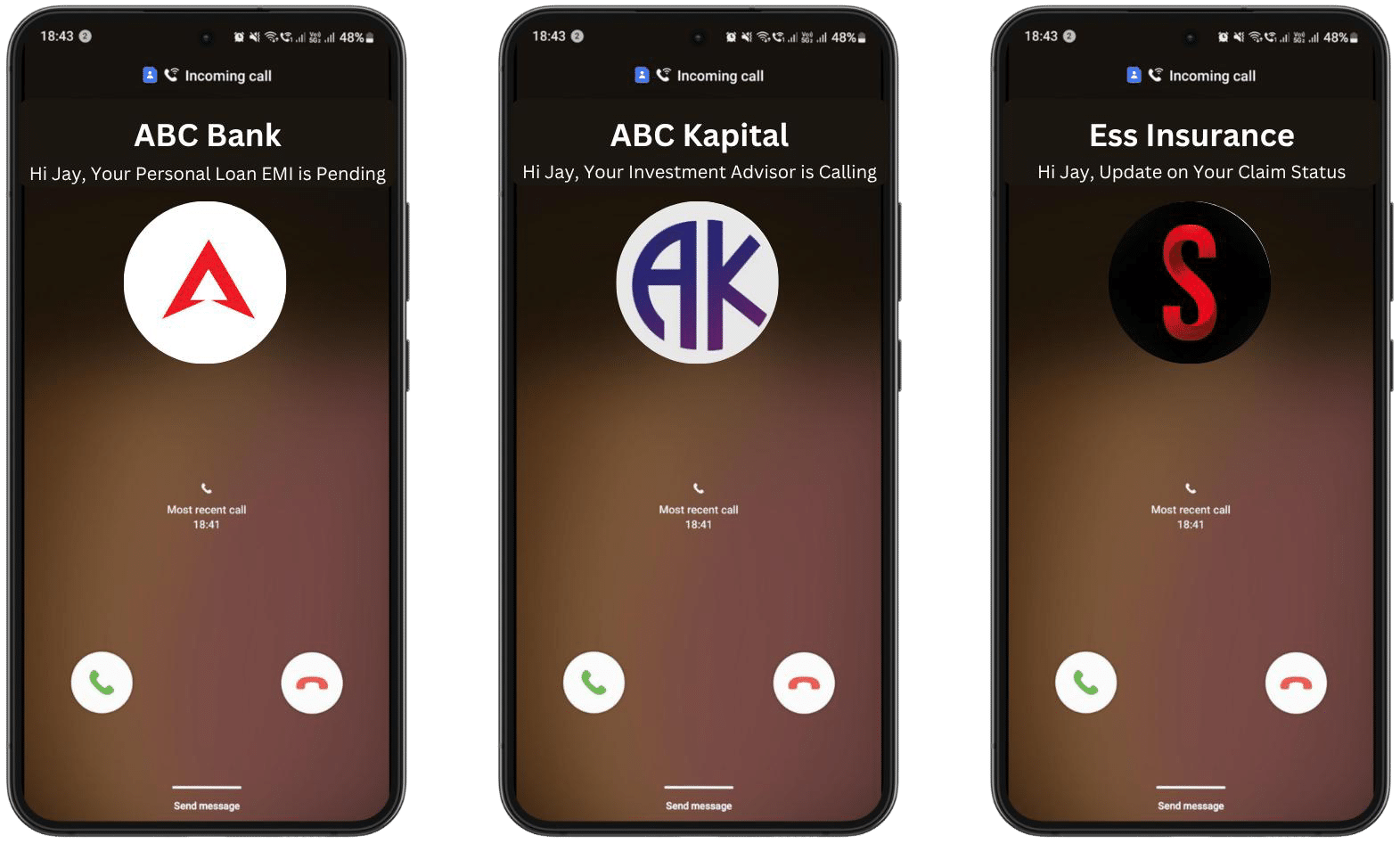Three branded incoming calls from ABC Bank, ABC Kapital and Ess Insurance, each with its own logo and personalized message