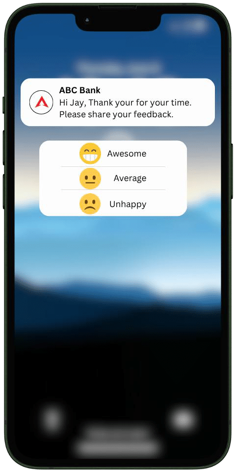 Post-call survey from ABC Bank with Awesome, Average and Unhappy ratings