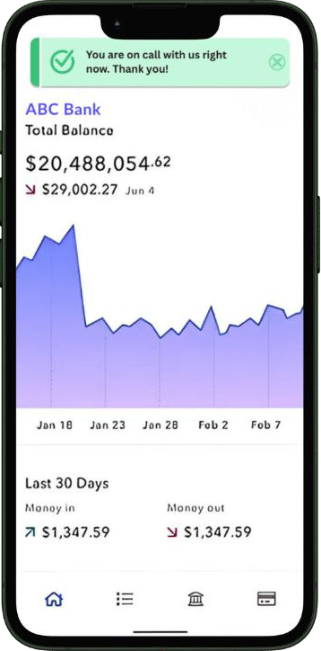ABC Bank app banner during the call: You are on call with us right now